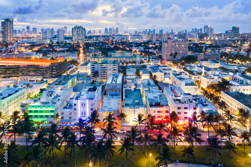 Aerial of Ocean drive and Miami downtown at dusk, Florida