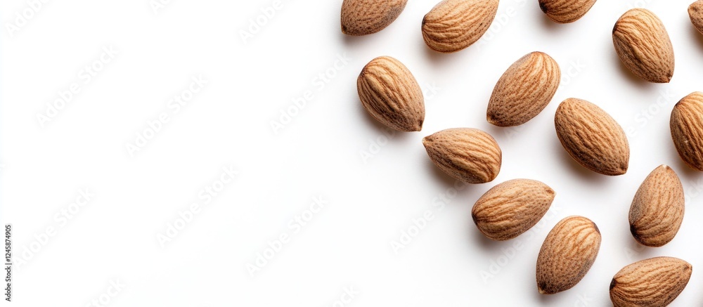 Almonds arranged on a white background showcasing their natural texture and color for culinary and health-related visuals Almonds arranged on a white background showcasing their natural texture and color for culinary and health-related visuals