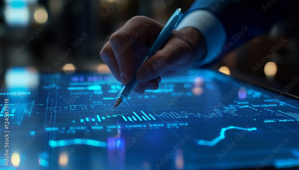 Executive analyzing data on digital tablet at night Executive analyzing data on digital tablet at night