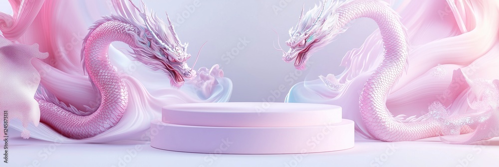 Floating pastel podium showcases smooth curves surrounded by mythical dragons