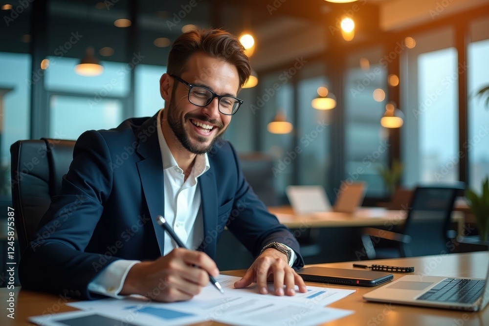 Man is smiling while sitting at desk with laptop Man is smiling while sitting at desk with laptop