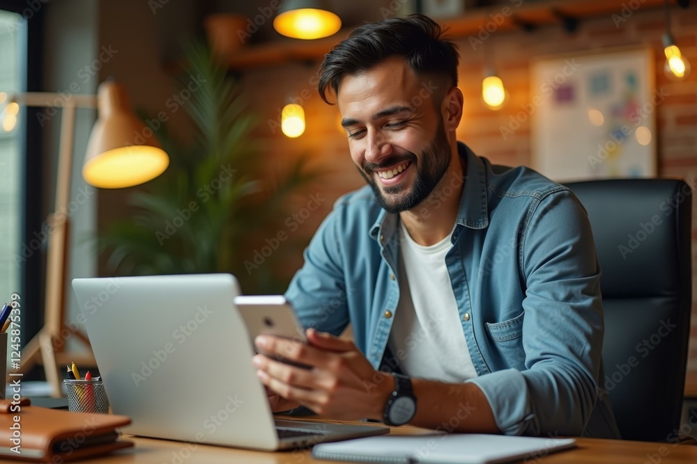Man is smiling while looking at his phone and laptop Man is smiling while looking at his phone and laptop