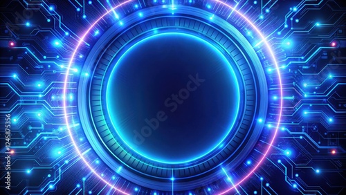 A futuristic glowing neon circle frame with intricate circuitry details and pulsing electric blue lights surrounds a central void, circle, electric blue