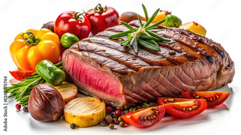 Roasted Beef Steak and Vegetables Isolated on White Roasted Beef Steak and Vegetables Isolated on White