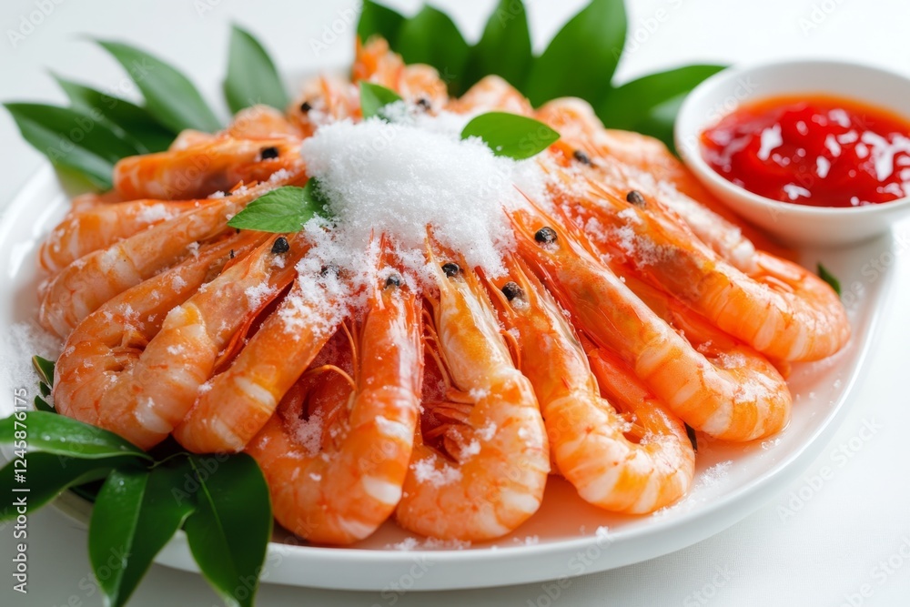 Steamed shrimp, salt, sauce, garnish, plate, white background, restaurant, meal