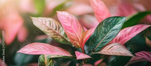 Aglonema plant with vibrant pinkish-green leaves showcasing lush tropical foliage in natural lighting. photo