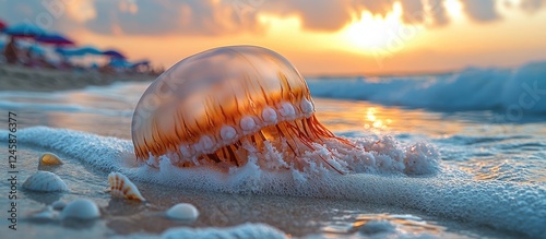 Dead jellyfish washed ashore at sunset on a serene beach in Caorle, Venice, Italy with gentle waves and seashells in the foreground. photo