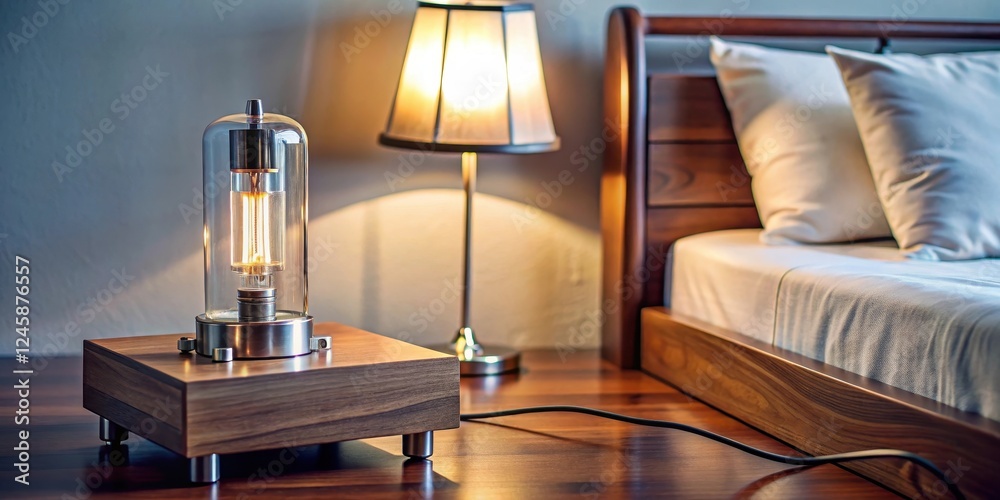 Obraz premium Small mechanical device with wires and tubes attached sits next to a bedside table lamp