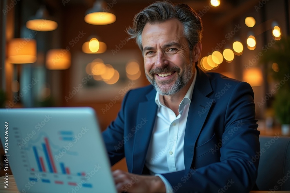 Man is smiling while using his laptop in restaurant Man is smiling while using his laptop in restaurant