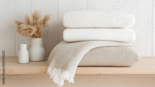 Soft beige and white blankets stacked on wooden shelf
