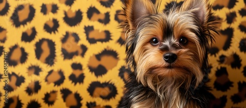 Yorkshire Terrier puppy on leopard print background showcasing cuteness and charm with ample copy space for text or branding photo