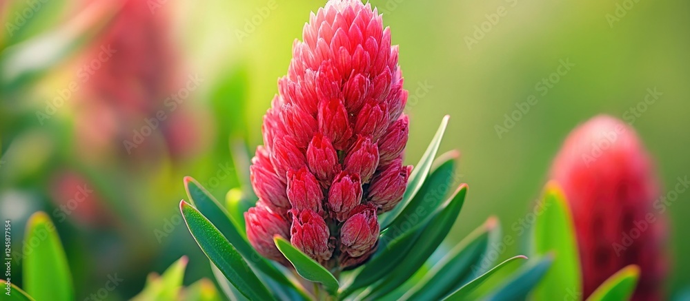 Vibrant Red Flower Bud Among Green Leaves with Copy Space for Text and Graphics Vibrant Red Flower Bud Among Green Leaves with Copy Space for Text and Graphics