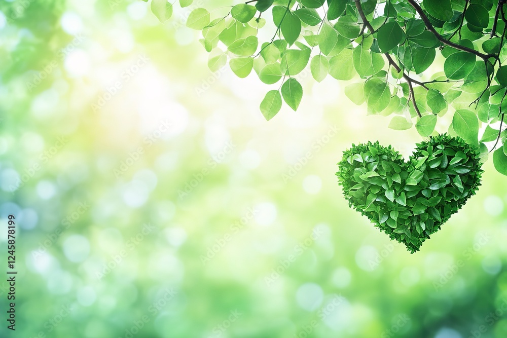 Obraz premium Nature's Heartbeat: Two Green Heart-Shaped Leaves on a Branch, Symbol of Love, Growth, and Springtime. Perfect for eco-friendly designs, nature-themed projects, and Valentine's Day greetings. A