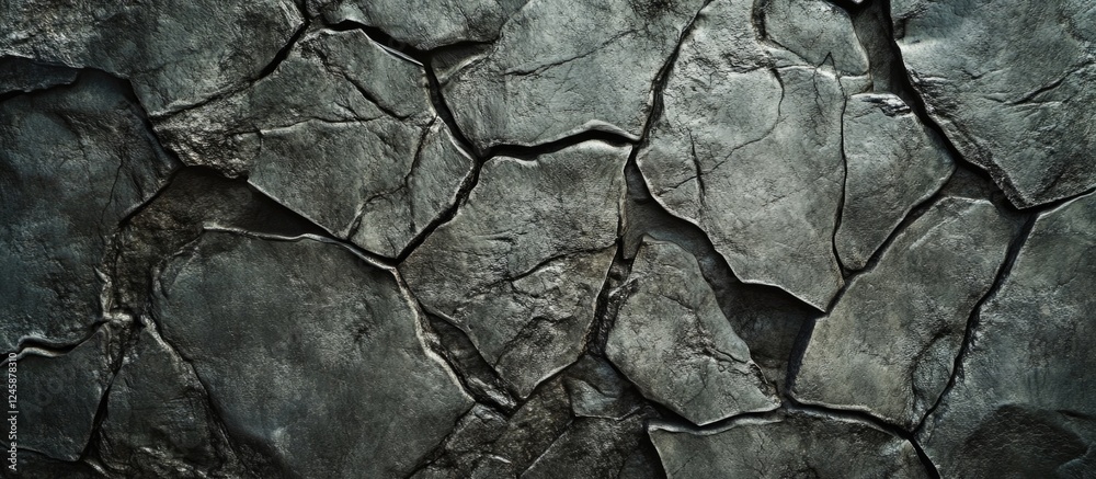 Fototapeta premium Textured cracked stone surface background with irregular shapes and dark tones suitable for various design applications Copy Space