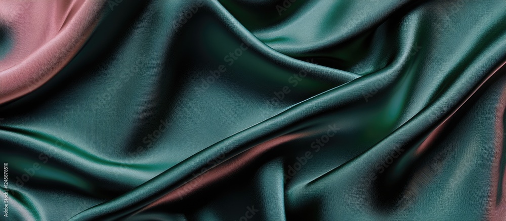 Fototapeta premium Smooth silk fabric texture in green and pink tones with elegant folds and soft sheen Copy Space