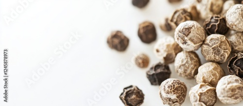 Organic white peppercorns Piper nigrum macro closeup showing air dried and cracked texture on a white background for culinary use photo