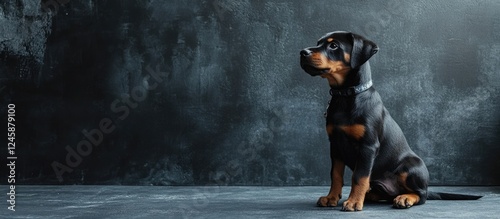 Adorable Rottweiler puppy sitting on a textured floor in an empty building interior with dark background suitable for text placement photo