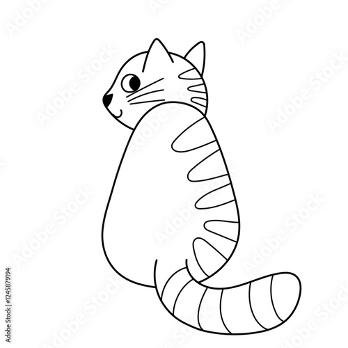 Cute cat sitting back view. Doodle feline character turned away. Vector illustration