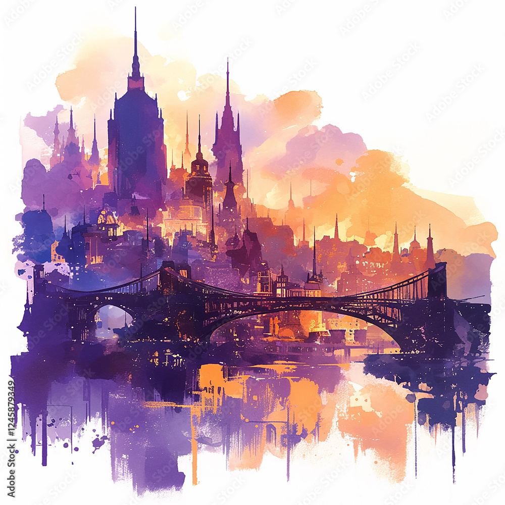 Fototapeta premium A city skyline with a sunset in the background. The city is lit up at night, creating a warm and inviting atmosphere. The watercolor effect adds a sense of depth and texture to the image