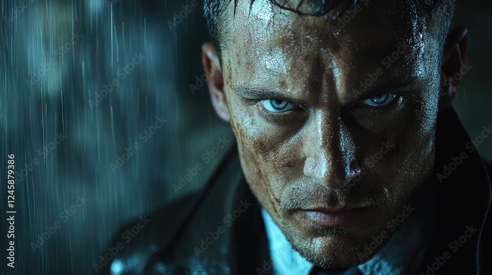 Dramatic portrait of a intense male character with wet hair and striking blue eyes in a dark, rain-soaked environment with Copy Space. Dramatic portrait of a intense male character with wet hair and striking blue eyes in a dark, rain-soaked environment with Copy Space.