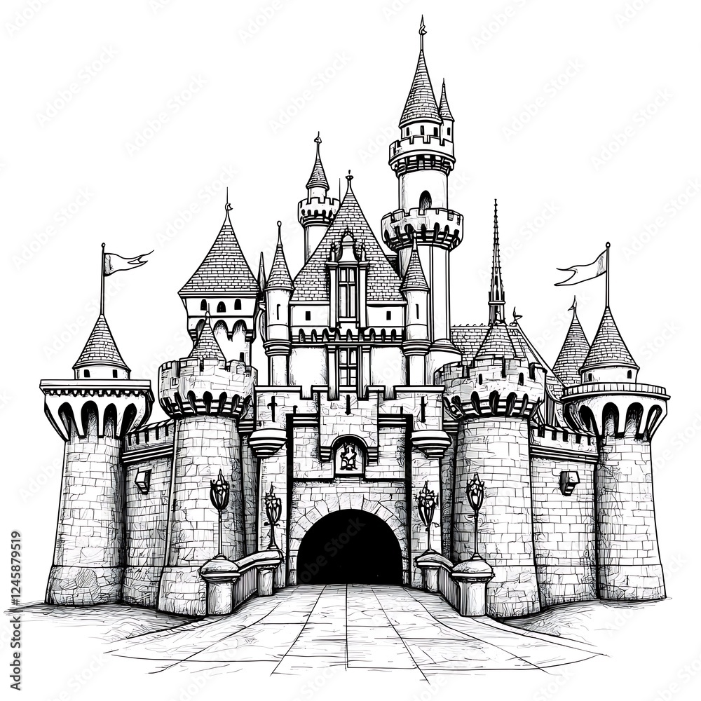 Obraz premium Enchanting Fairytale Castle Black and White Ink Drawing.