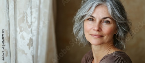 Portrait of an older woman with grey hair sitting by a window with soft lighting and a neutral background Copy Space