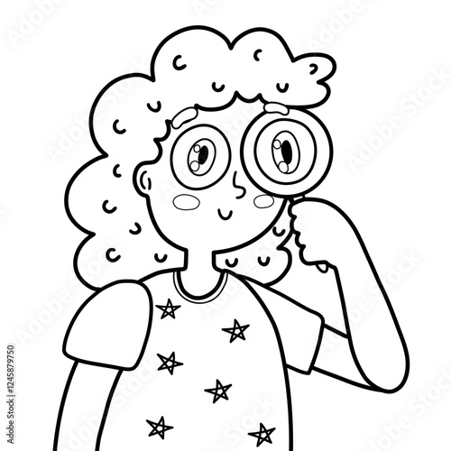 Cute girl is looking through a magnifying glass. Funny kid demonstrating sight human sense in outline. Great for coloring. Vector illustration