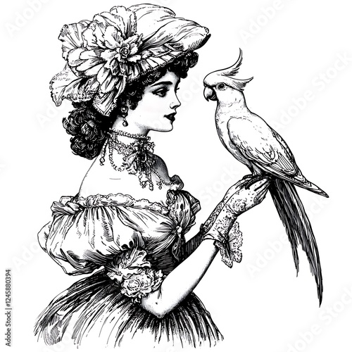 Victorian Woman with Cockatoo Bird - Vintage Black and White Illustration.