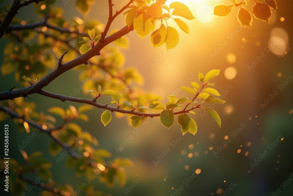 Fototapeta premium Sunlight Bokeh. Golden green leaves glowing sunlight bokeh background