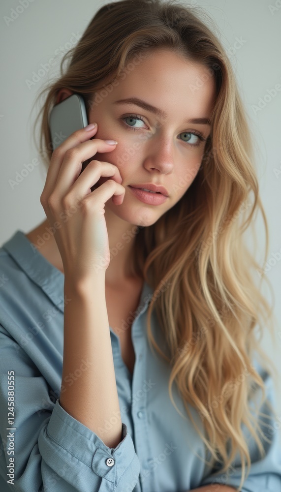 A beautiful young woman with long, flowing hair is engaged in a phone conversation, her expression reflecting deep thought. Dressed in a soft blue shirt, she exudes a calm and serene vibe, perfectly A beautiful young woman with long, flowing hair is engaged in a phone conversation, her expression reflecting deep thought. Dressed in a soft blue shirt, she exudes a calm and serene vibe, perfectly
