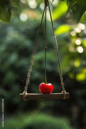 A cherry perched on a swing made of licorice, swaying in the breeze
