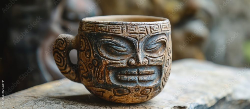 Fototapeta premium Ceramic mug with ancient tribal face design on a stone surface with blurred background and Copy Space