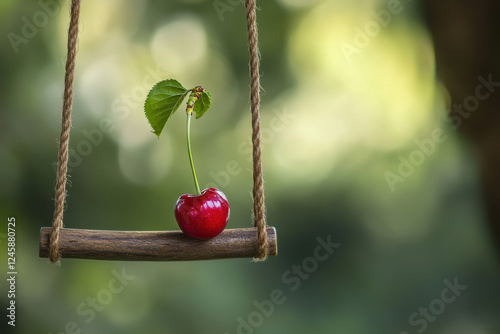A cherry perched on a swing made of licorice, swaying in the breeze