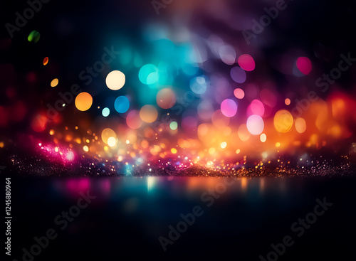 Abstract image featuring a vibrant display of colorful, blurry bokeh lights against a dark background, creating a festive and dreamy atmosphere with a subtle reflection.