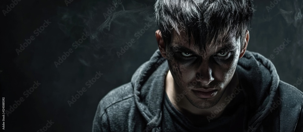Obraz premium Dark portrait of a young man with dramatic makeup and hoodie against a smoky background with Copy Space for text.