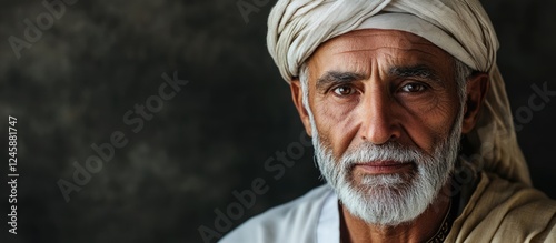 Portrait of an elderly man with a beard and turban on a dark background ideal for Copy Space usage photo