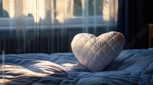 A soft, heart-shaped pillow with a quilted texture resting on a bed, adding a touch of comfort and warmth to the room in a tranquil, sunless atmosphere. photo