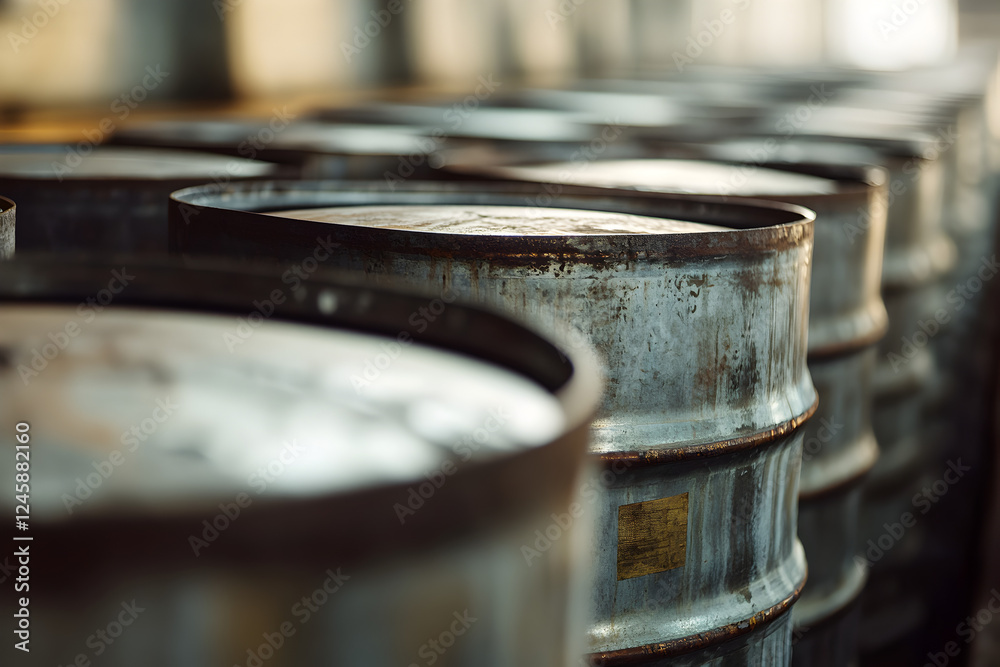 Close-up view of a row of industrial metal barrels, showcasing their robust construction and weathered texture. Ideal for concepts related to Close-up view of a row of industrial metal barrels, showcasing their robust construction and weathered texture. Ideal for concepts related to