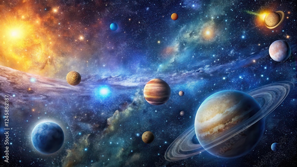 Starry night sky with galaxies and planets, celestial bodies, nighttime, celestial bodies, nighttime, cosmos Starry night sky with galaxies and planets, celestial bodies, nighttime, celestial bodies, nighttime, cosmos