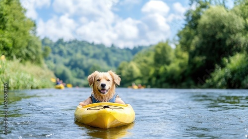 Happy dog kayaking on river, others kayaking background, summer fun