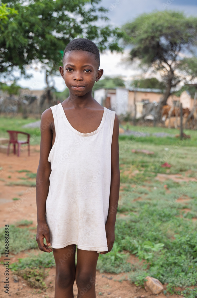 African village, portrait young African girl standing in the yard in front of a house, the challenges of poverty in rural communities, reflecting the need for humanitarian aid and support. African village, portrait young African girl standing in the yard in front of a house, the challenges of poverty in rural communities, reflecting the need for humanitarian aid and support.