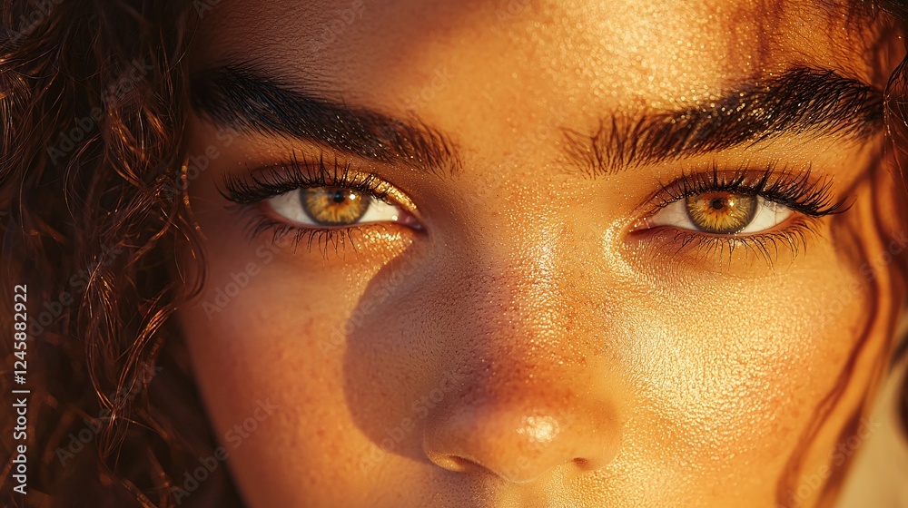 Fototapeta premium Emotional Close-up Portrait of Young Woman with Detailed Lashes and Brows in Warm Studio Lighting
