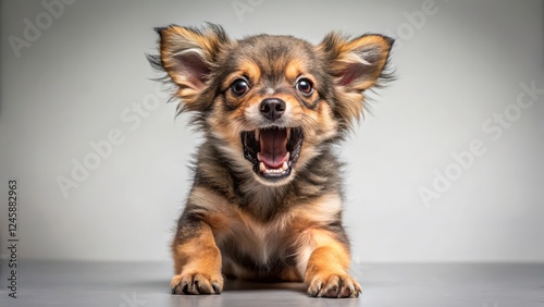 Aggressive puppy dog showing fangs and growling with raised hackles on its back, fierce animal, dog body language