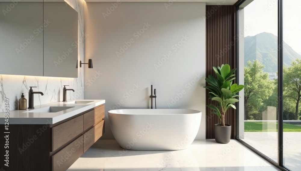 Fototapeta premium Sleek fixtures, marble accents, minimalist design, luxury bathroom, faucet, bathroom