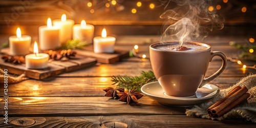Rich aroma of hot chocolate wafts from a steaming cup on a worn wooden table