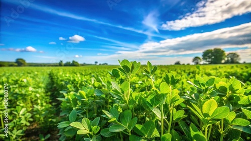 Green Gram crop in field with lush plants growing amidst green foliage and blue sky on a sunny day