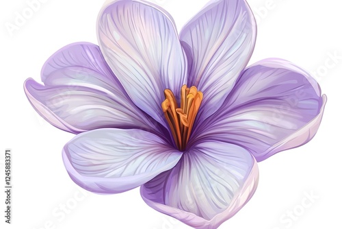 Vibrant Saffron Crocus Blossom: A Close-Up Studio Shot of a Single, Exquisite Saffron Crocus Flower Isolated on Pure White Background, Perfect for Culinary, Botanical, or Design Projects.             
