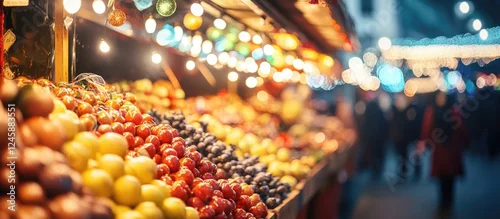 Fototapeta Colorful fruit market scene with blurred background and decorative lights, featuring various fruits in a vibrant display, Copy Space.