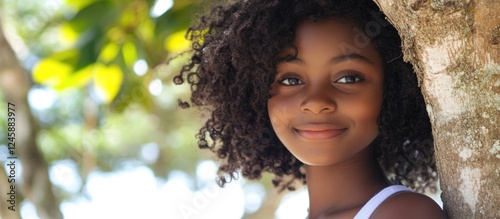 Smiling African teenage girl with curly hair beside a tree in natural setting with ample space for text overlay and creative designs