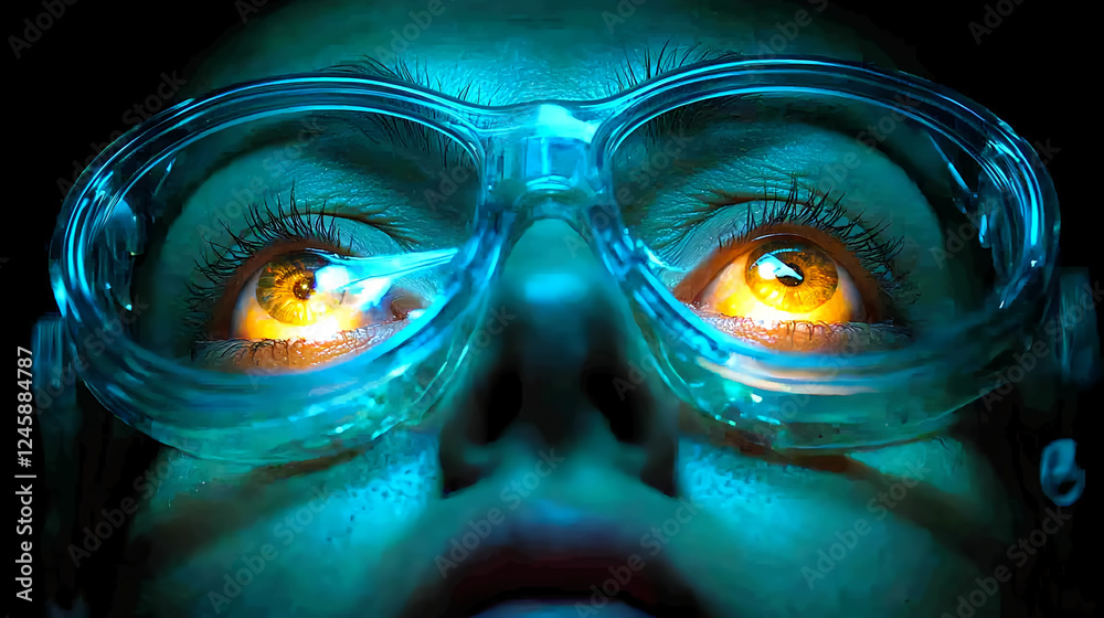 Close-up of a person with glowing eyes in protective goggles Close-up of a person with glowing eyes in protective goggles